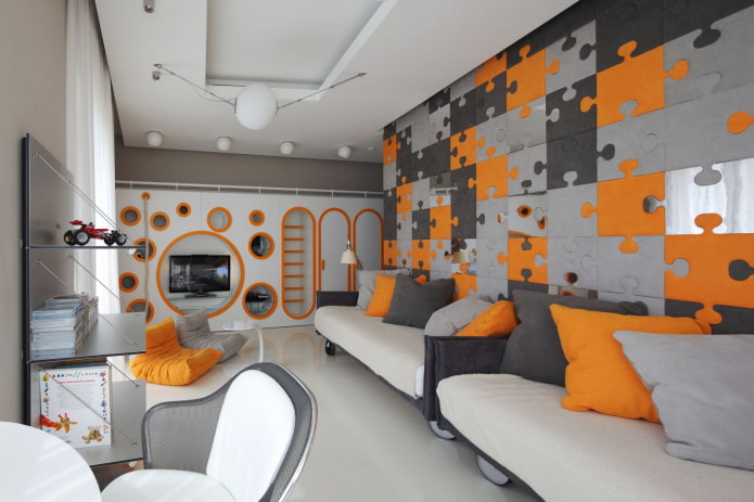 design de interiores em tons de cinza-alaranjado