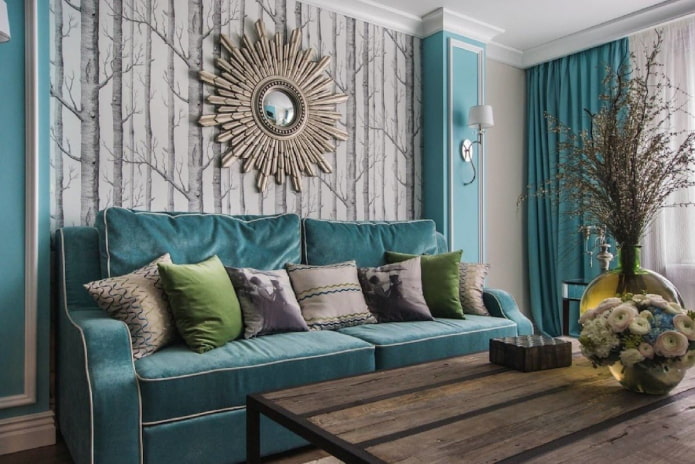 design de interiores em tons de cinza e turquesa