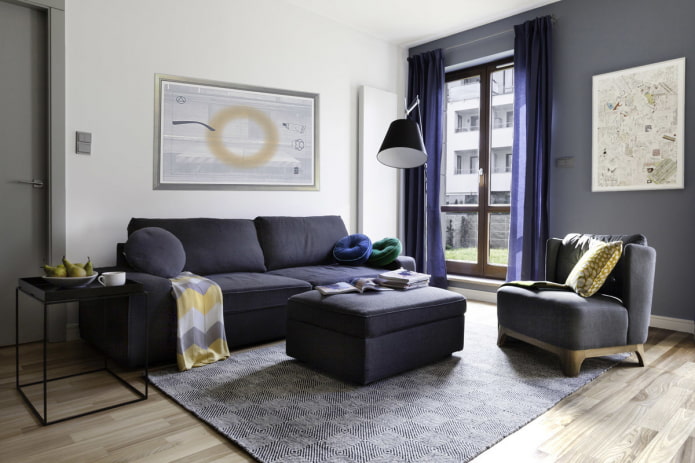 design de interiores em tons de cinza e azul