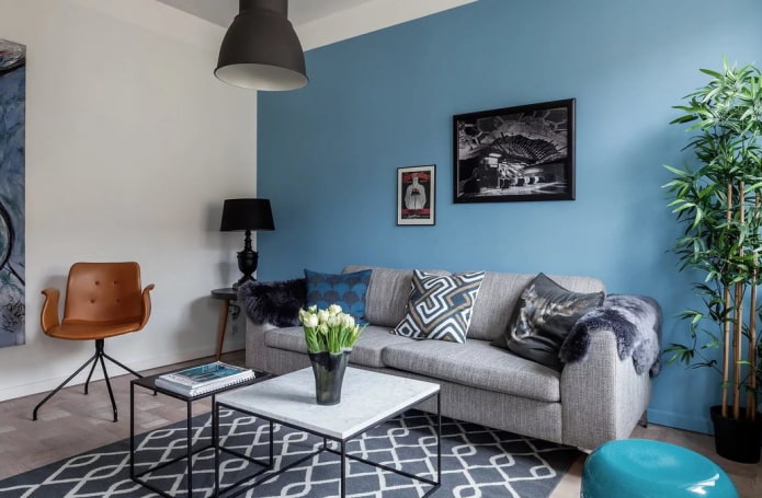design de interiores em tons de cinza e azul