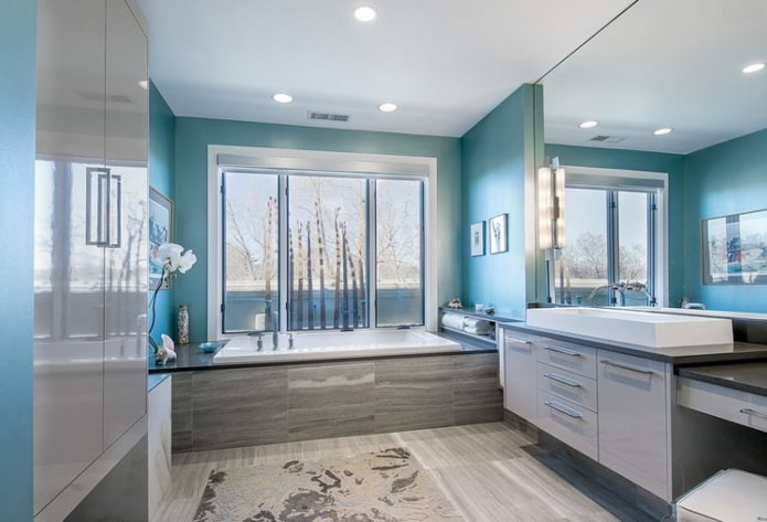 design de interiores em tons de cinza e turquesa