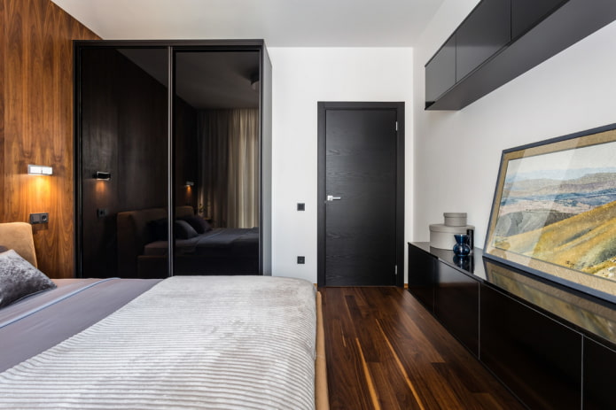 guarda-roupa deslizante com fachada brilhante no interior do quarto