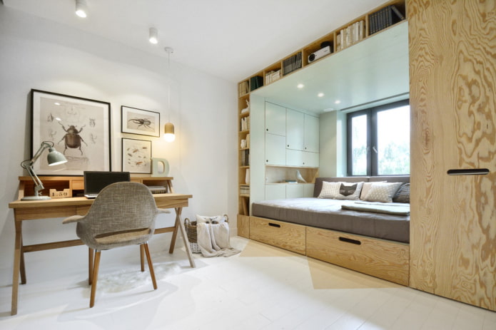 guarda-roupa com cama ao redor de uma janela no interior