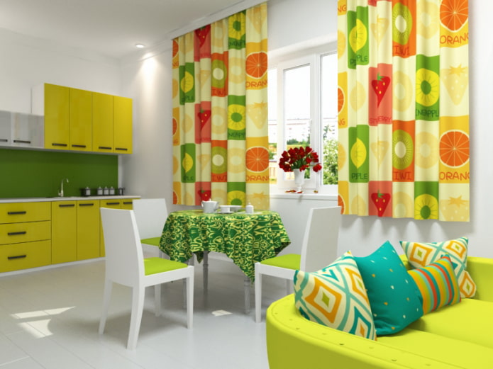 cortinas com estampas de frutas na cozinha