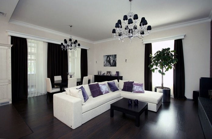 Cortinas pretas na sala de estar