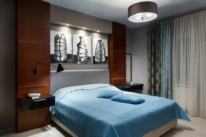 interior de quarto turquesa e marrom com cortinas duplas e tule