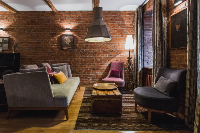 cortinas de tafetá na sala de estar em estilo loft