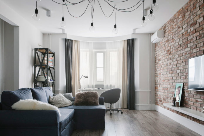 cortinas duplas na sala de estar em estilo loft