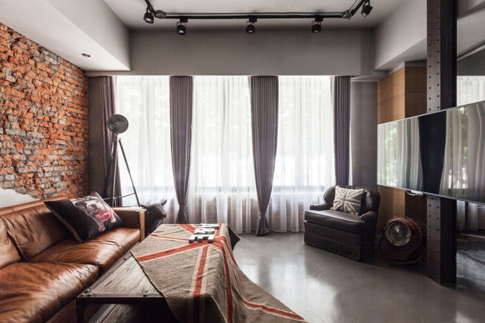 cortinas com presilhas na sala de estar em estilo loft