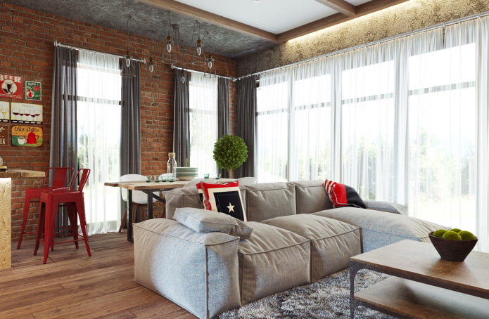 cortinas de voile em uma sala de estar estilo loft