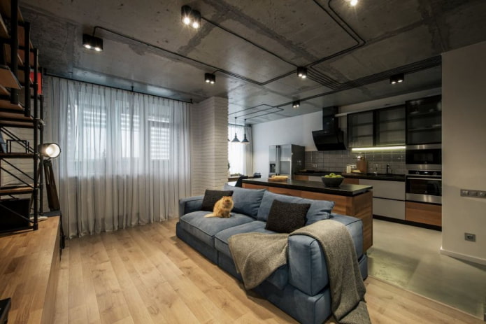 cortinas na sala de estar em estilo loft