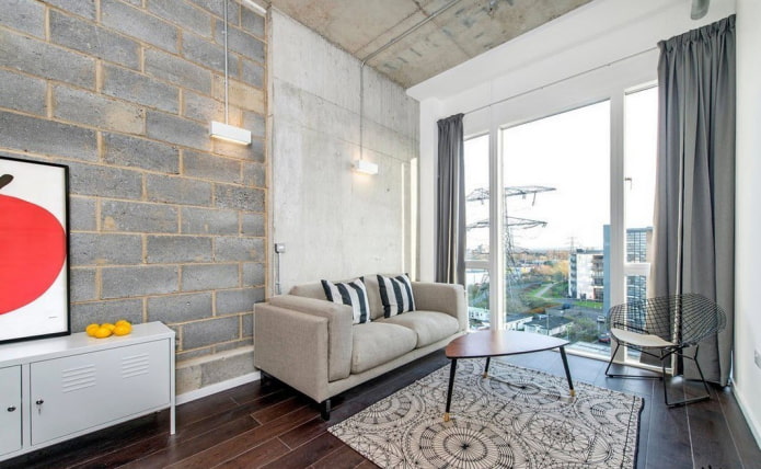 cortinas com fita adesiva na sala de estar em estilo loft