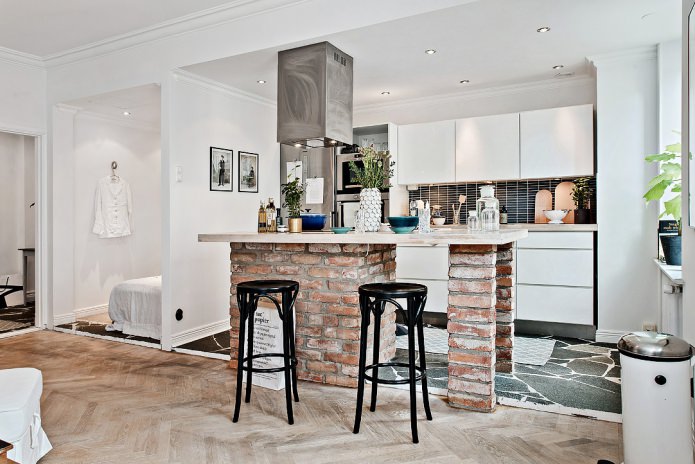 Projeto de design de uma cozinha-sala de estar em estilo escandinavo