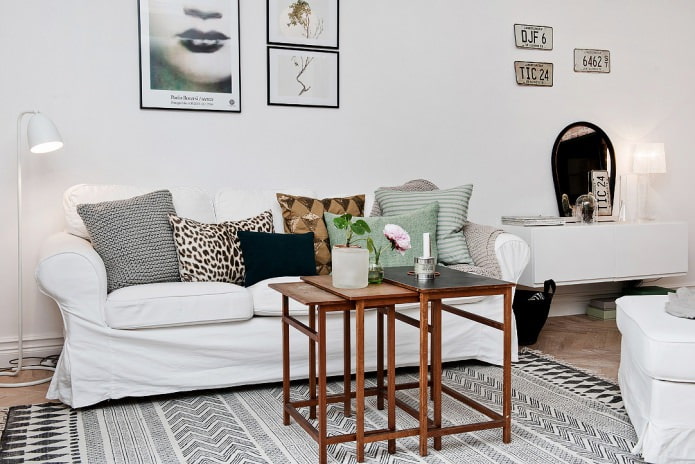 Projeto de design de uma cozinha-sala de estar em estilo escandinavo