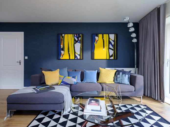 sala de estar estilosa em paleta cinza e azul