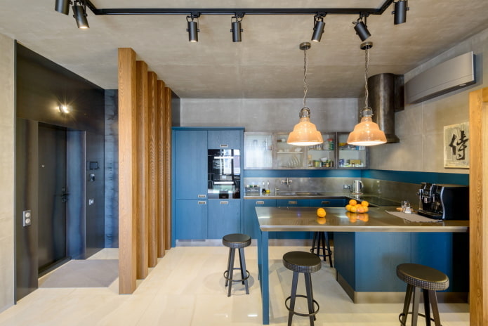 cozinha em tons de azul em estilo loft