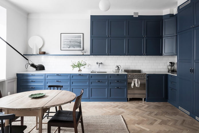 eletrodomésticos no interior da cozinha em tons de azul