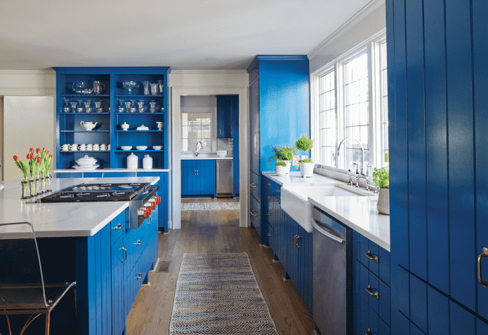 sistemas de armazenamento no interior da cozinha em tons de azul