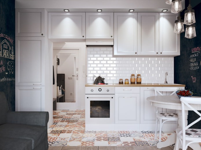 Interior da cozinha em um estúdio de 26 m²
