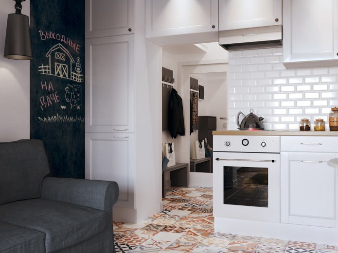 Interior da cozinha em um estúdio de 26 m².