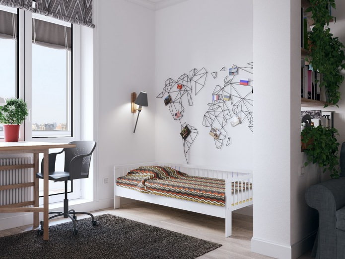 Interior de um quarto infantil em um estúdio de 26 m².