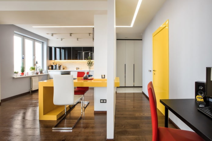 combinação da cor da porta com o piso e os móveis no interior