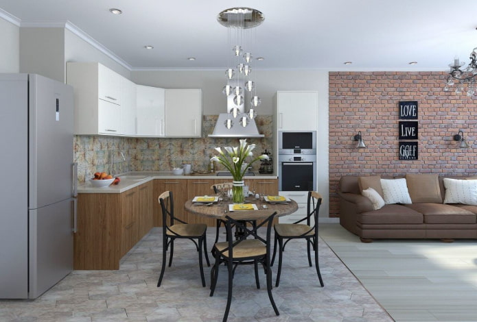 uma combinação de laminado e azulejos no interior