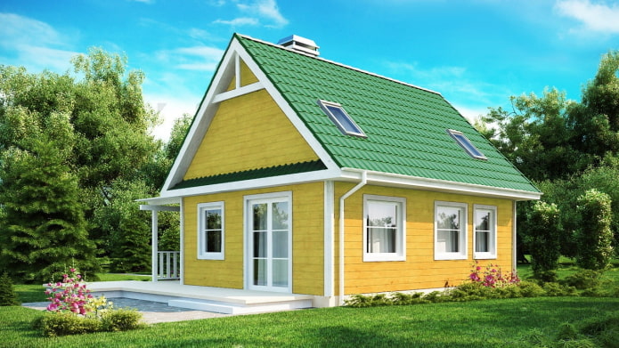 casa de campo amarela com telhado verde brilhante