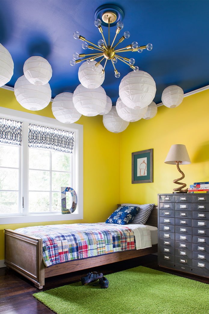um quarto infantil iluminado com teto azul