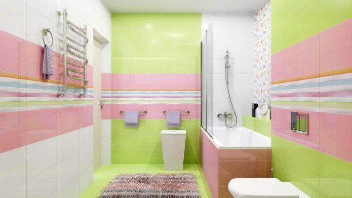 branco, verde-claro, rosa e azul na decoração do banheiro