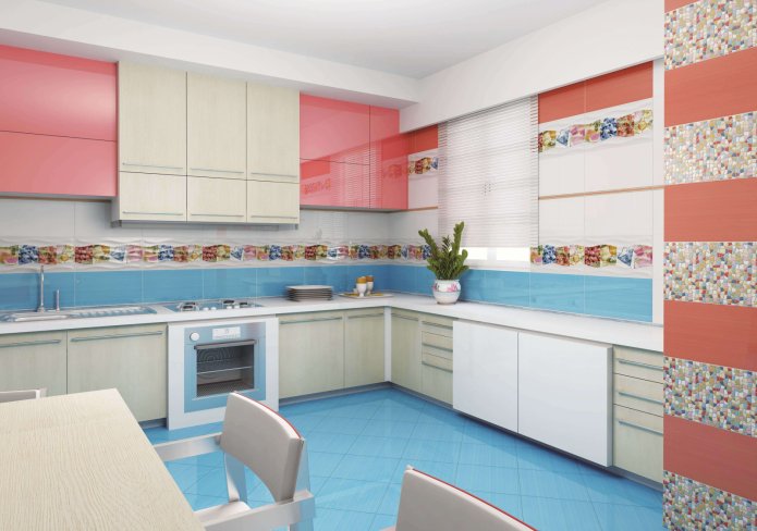 listras estampadas em uma cozinha branca, pêssego e azul