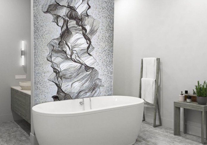 painel de mosaico em um Banheiro preto e branco