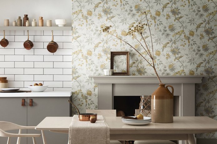 azulejos e papel de parede de papel na cozinha