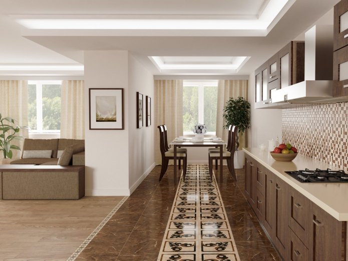 uma combinação de laminado e ladrilhos no piso da cozinha-sala de estar