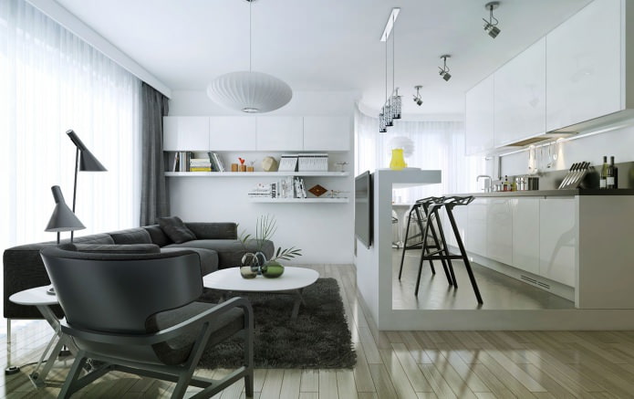 design de cozinha e sala de estar com balcão de bar