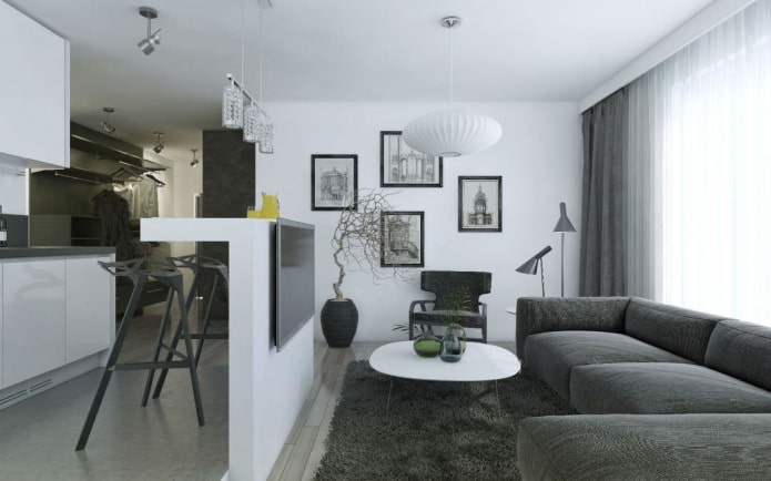 design de cozinha e sala de estar com balcão de bar