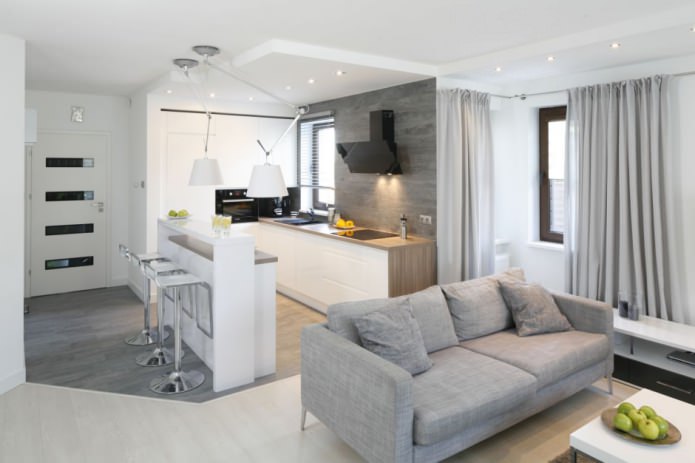 Projeto de uma cozinha-sala de estar moderna com um balcão de bar