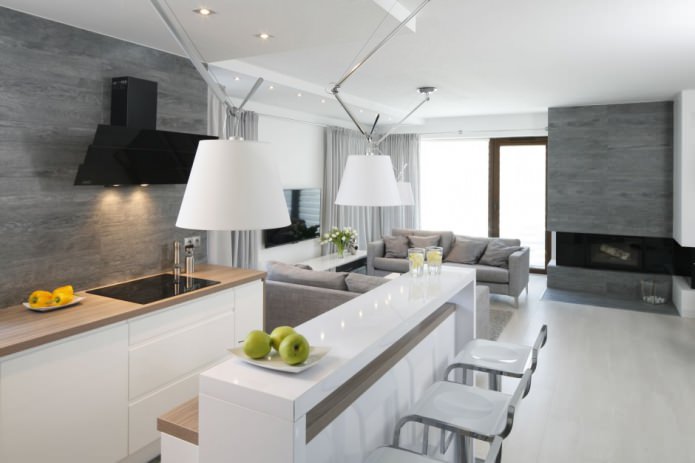 Design de uma cozinha e sala de estar modernas com balcão de bar