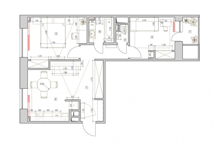 Layout de um apartamento de dois cômodos de 52 m².