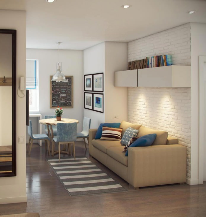 design de uma cozinha-sala de estar de 14,4 m².