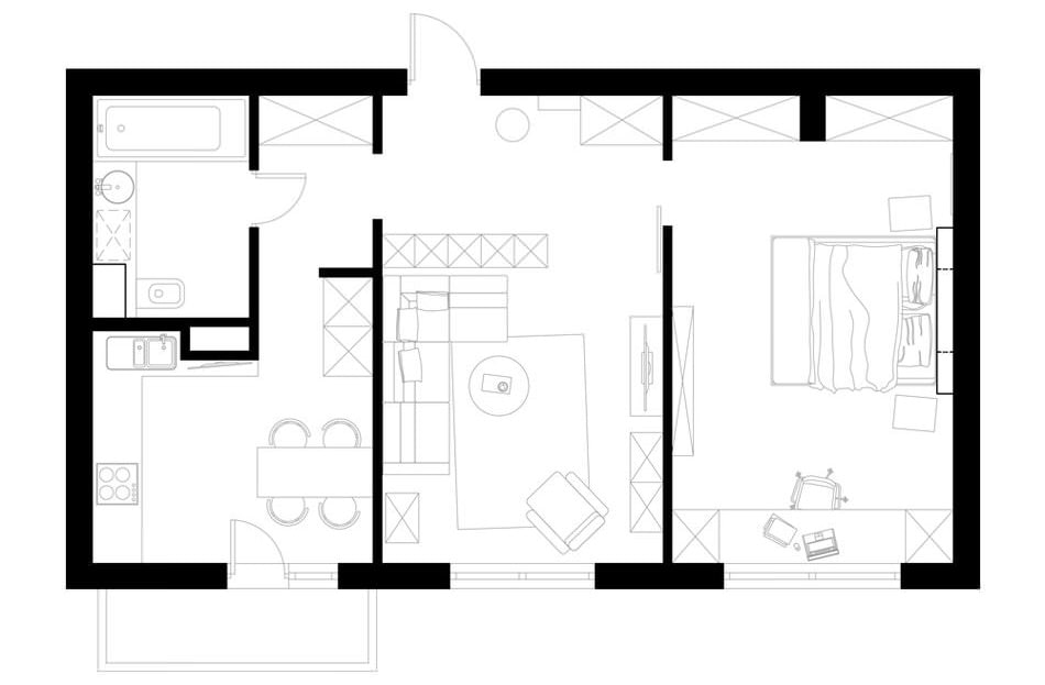 layout de um apartamento de dois cômodos de 57 m².