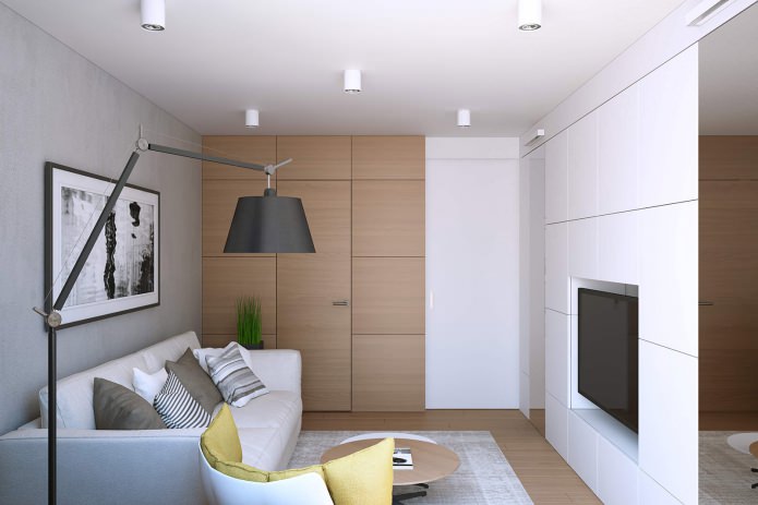 design de sala de estar em um apartamento de um cômodo de 43 m².