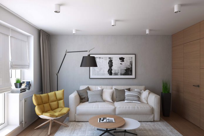 design de sala de estar em um apartamento de um cômodo de 43 m².