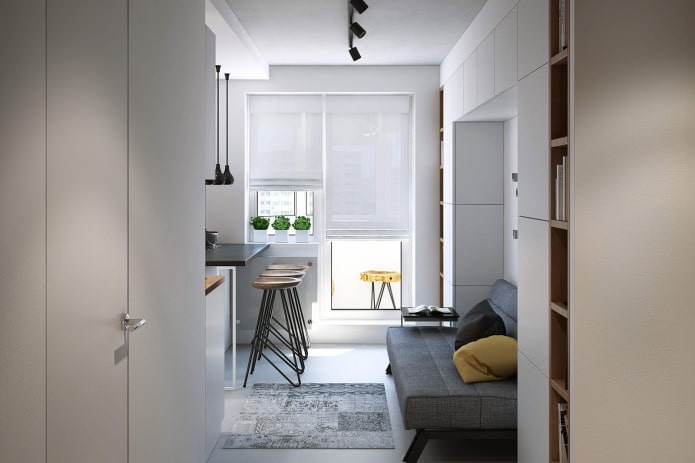 projeto de cozinha e sala de estar em apartamento de um cômodo de 43 m².