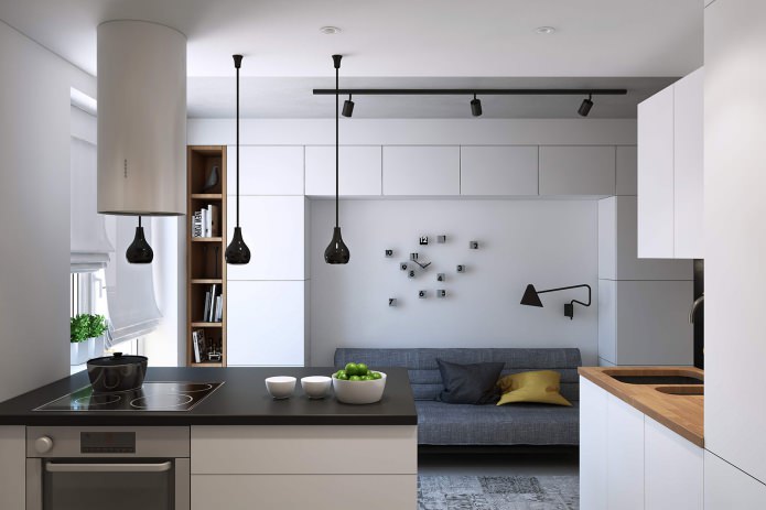 Design de cozinha e sala de estar em um apartamento de um cômodo de 43 m².