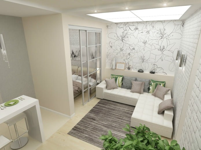 projeto de um apartamento de um cômodo com 45 metros quadrados.