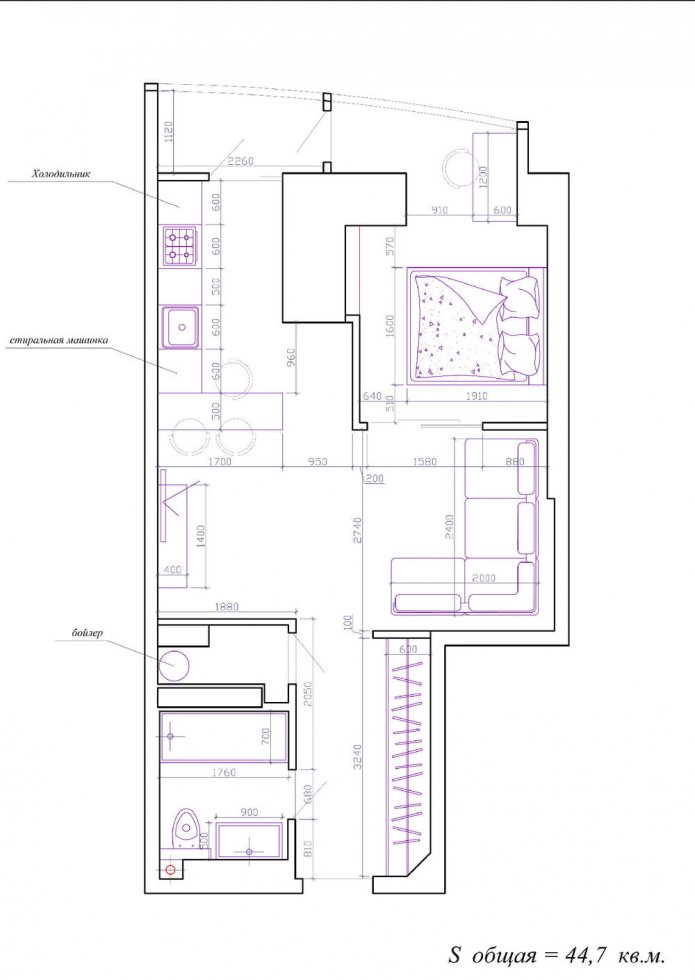 layout de apartamento de um cômodo de 45 m².