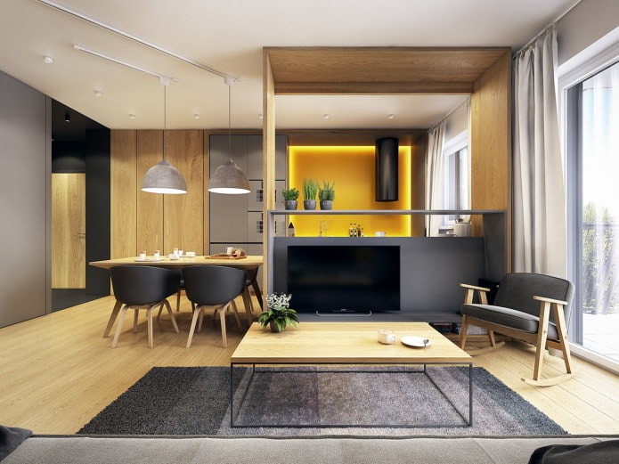 Design de cozinha e sala de estar em apartamento