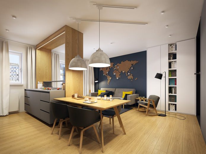 Design de cozinha e sala de estar em apartamento