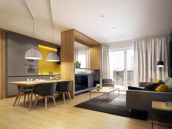 projeto de design de uma cozinha-sala de estar